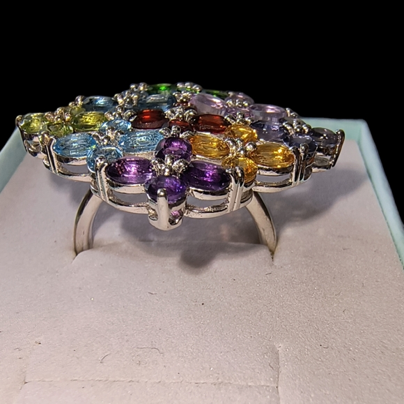 Multi Gemstone & Sterling Silver Large Cocktail Ring Size 8 - Picture 5 of 14